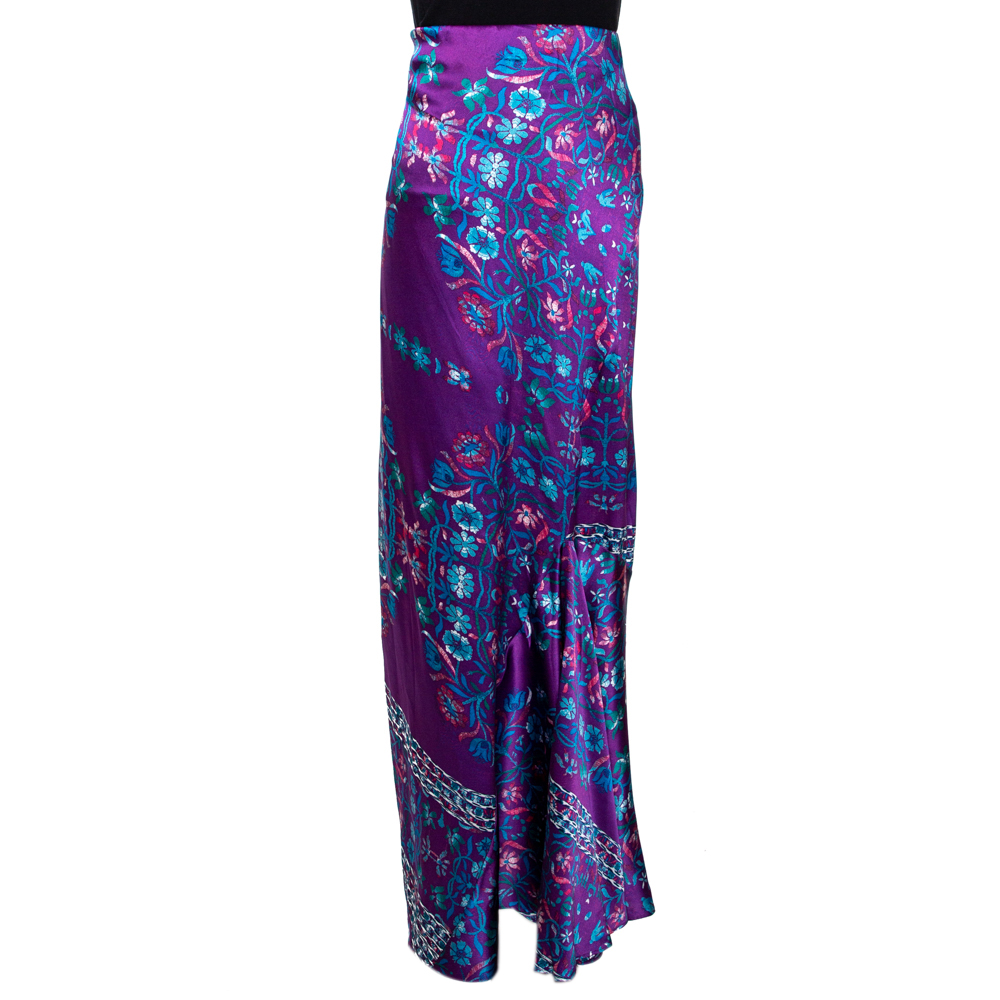 

Roberto Cavalli Purple Floral Print Silk Satin Flared Maxi Skirt