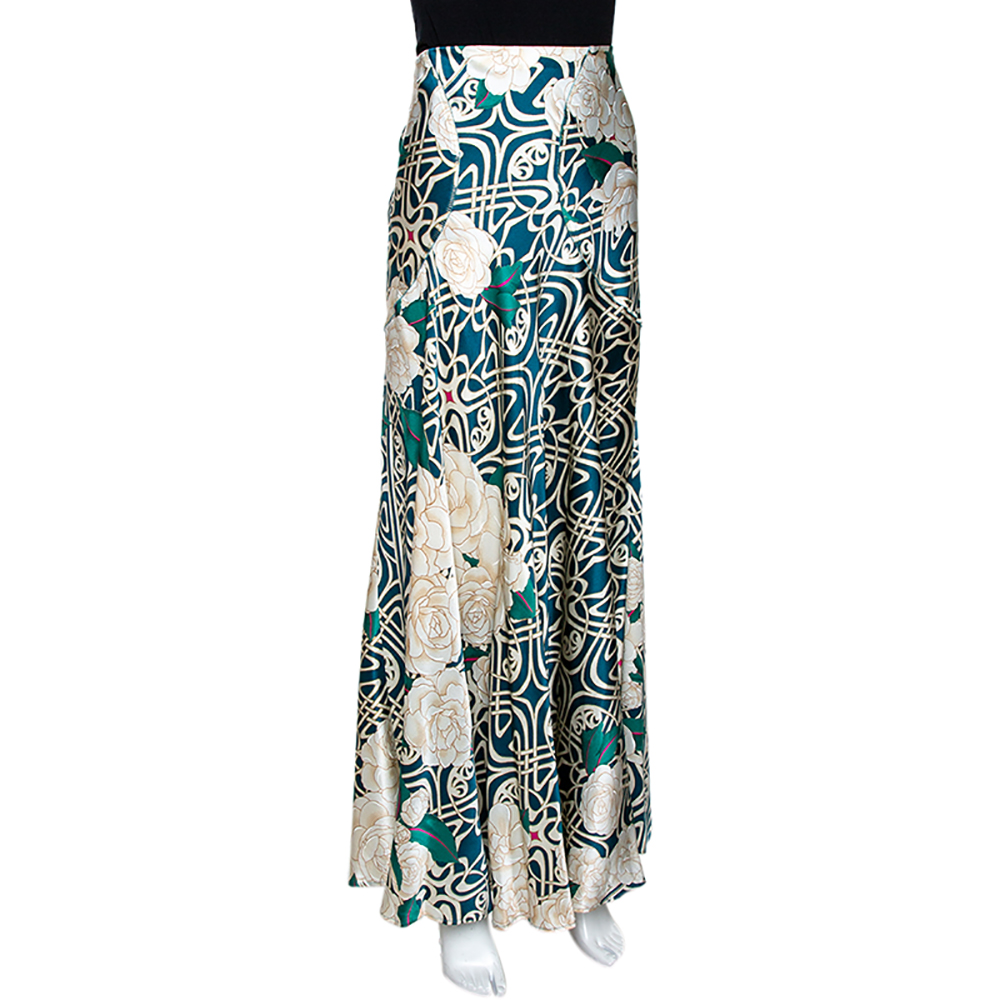

Roberto Cavalli Green & Cream Abstract Floral Print Silk Maxi Skirt