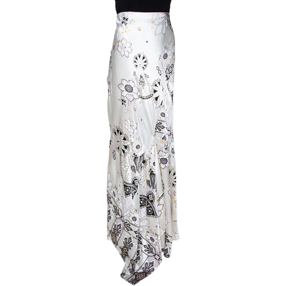 

Roberto Cavalli Pearl White Floral Print Silk Satin Asymmetric Hem Skirt