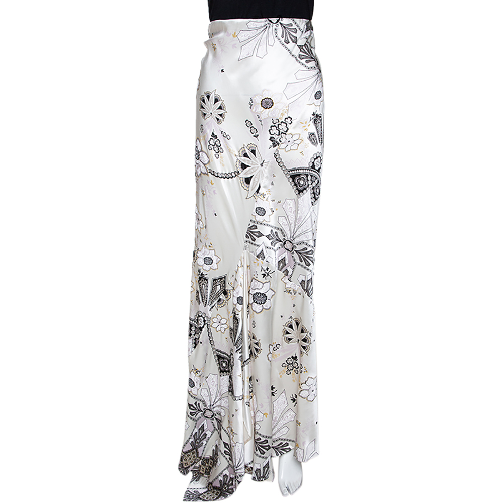 Roberto Cavalli Pearl White Floral Print Silk Satin Asymmetric Hem Skirt L
