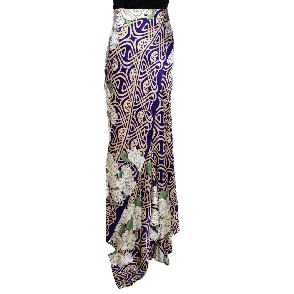 

Roberto Cavalli Purple Floral Print Silk Satin Flared Maxi Skirt