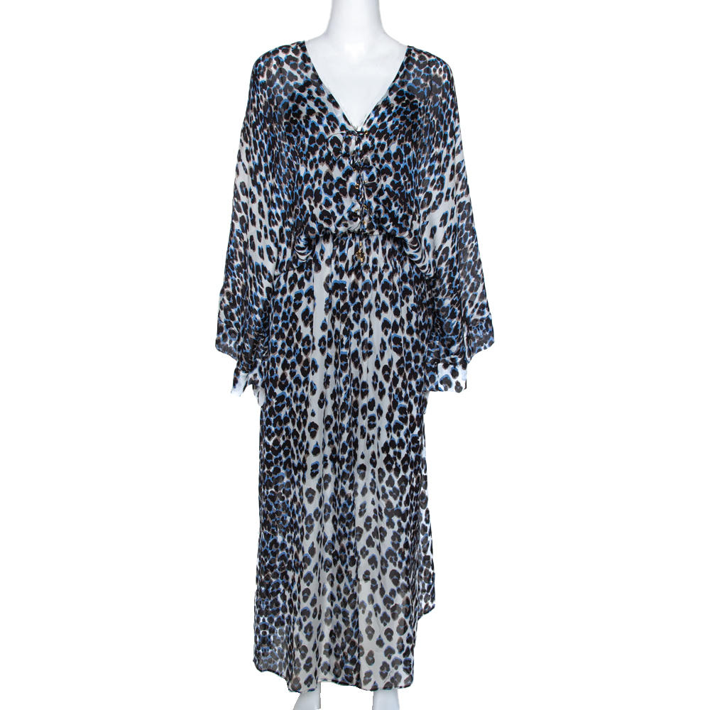 مملوكة مسبقًا Roberto Cavalli Multicolor Animal Print Silk Front Slit Detail Kaftan M