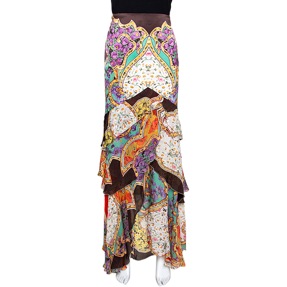 Pre Owned Roberto Cavalli Muticolor Stretch Satin Silk Ruffle Tiered Maxi Skirt L
