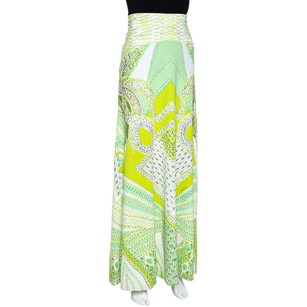 

Roberto Cavalli Green Serpenti Print Stretch Jersey Flared Maxi Skirt