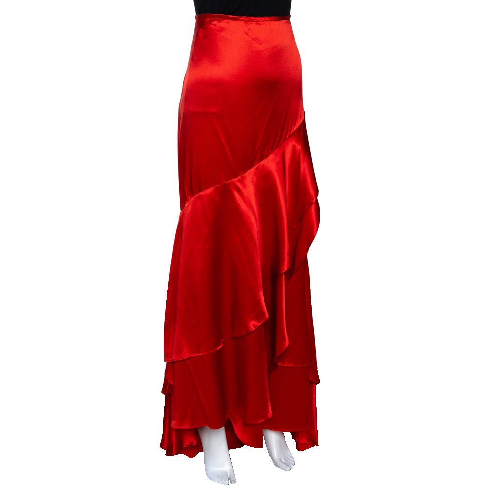 

Roberto Cavalli Red Satin Silk Ruffle Tiered Maxi Skirt