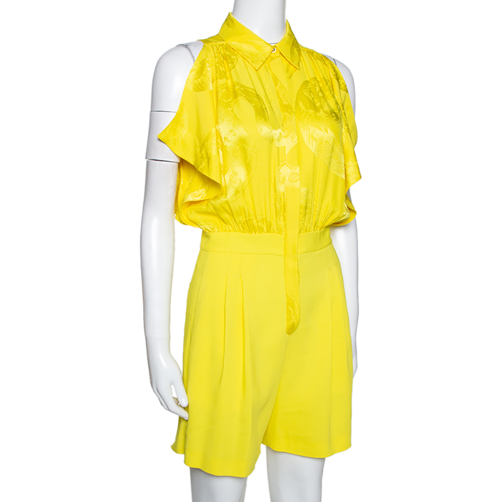 

Roberto Cavalli Yellow Jacquard Silk Draped Sleeve Romper