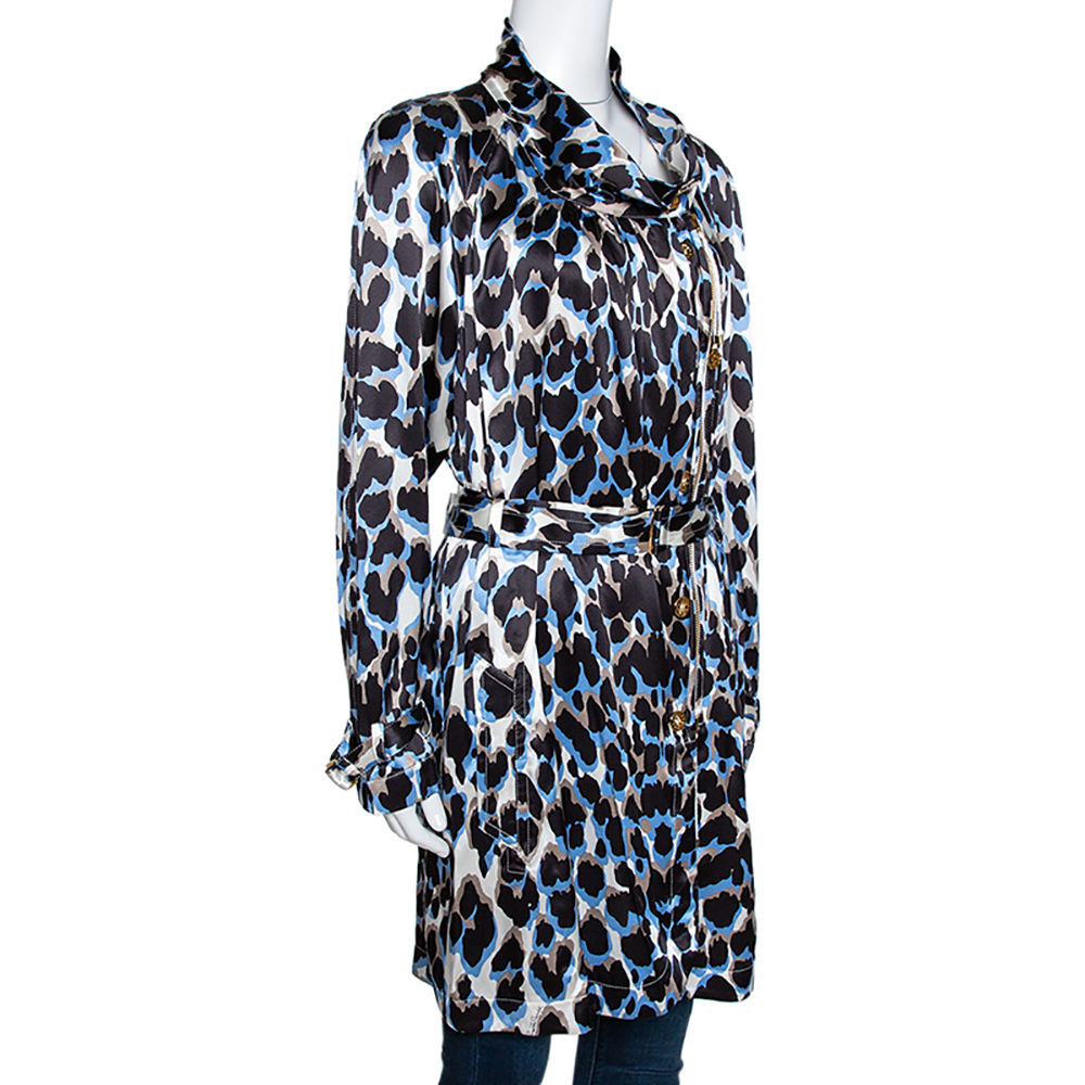 

Roberto Cavalli Black & Blue Animal Printed Silk Belted Dress