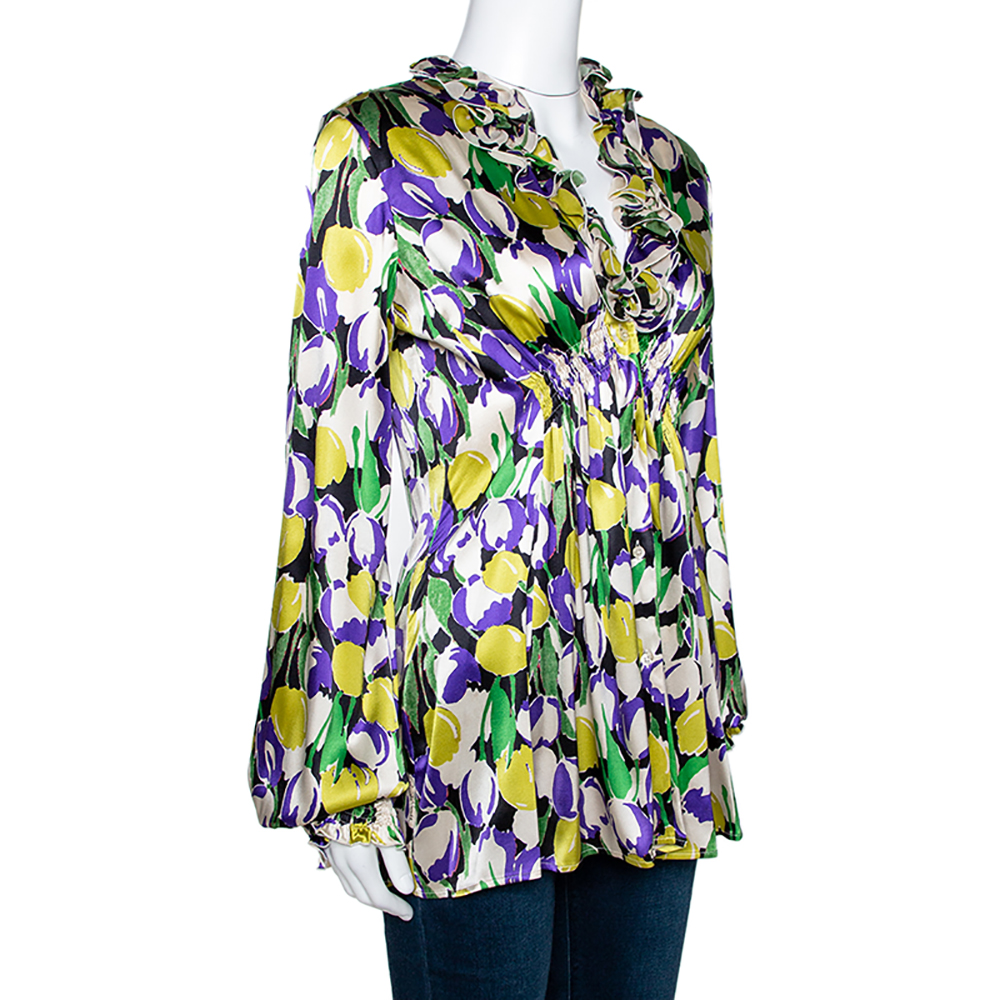 

Roberto Cavalli Multicolor Tulip Printed Silk Ruffled Top