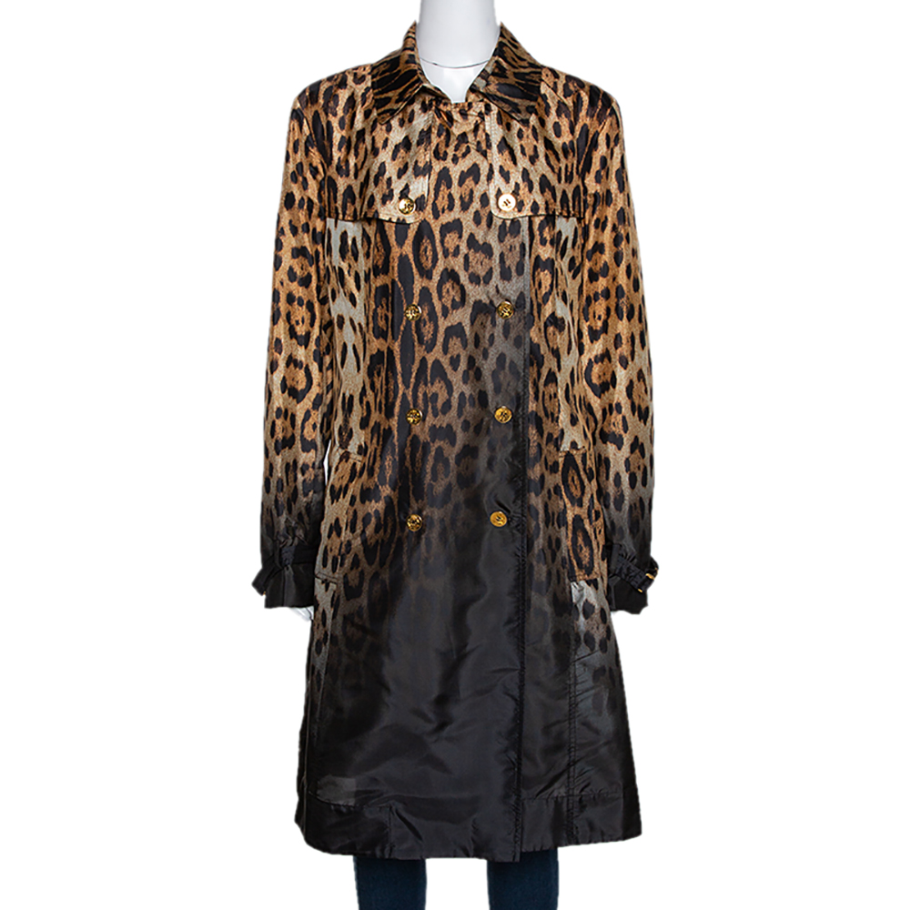 Pre Owned Roberto Cavalli Beige & Black Ombre Leopard Printed Silk Trench Coat L