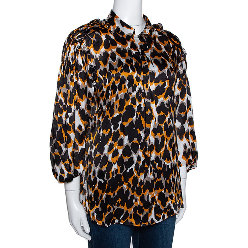 

Roberto Cavalli Tricolor Silk Animal Print Ruched Sleeve Blouse, Orange