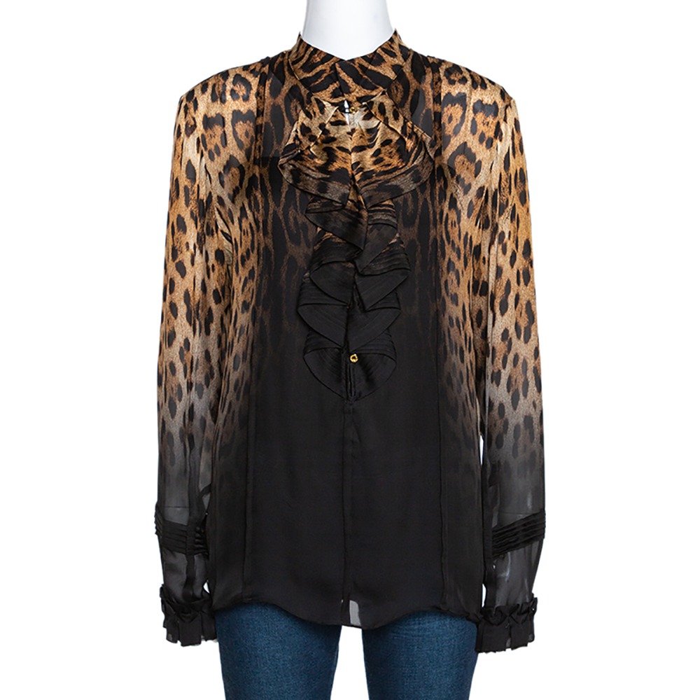 Pre Owned Roberto Cavalli Beige & Black Ombre Leopard Printed Silk Ruffled Blouse L