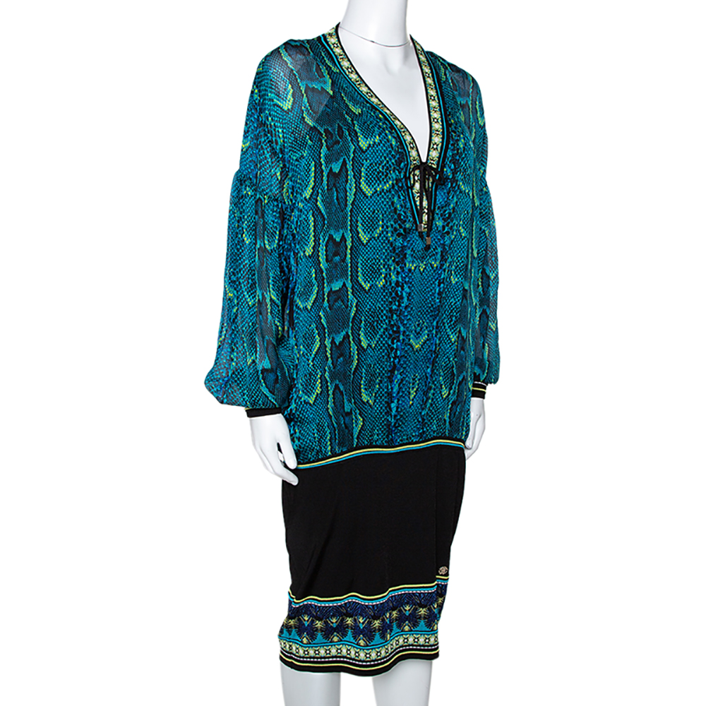 

Roberto Cavalli Blue Snake Print Silk Fitted Hem Dress