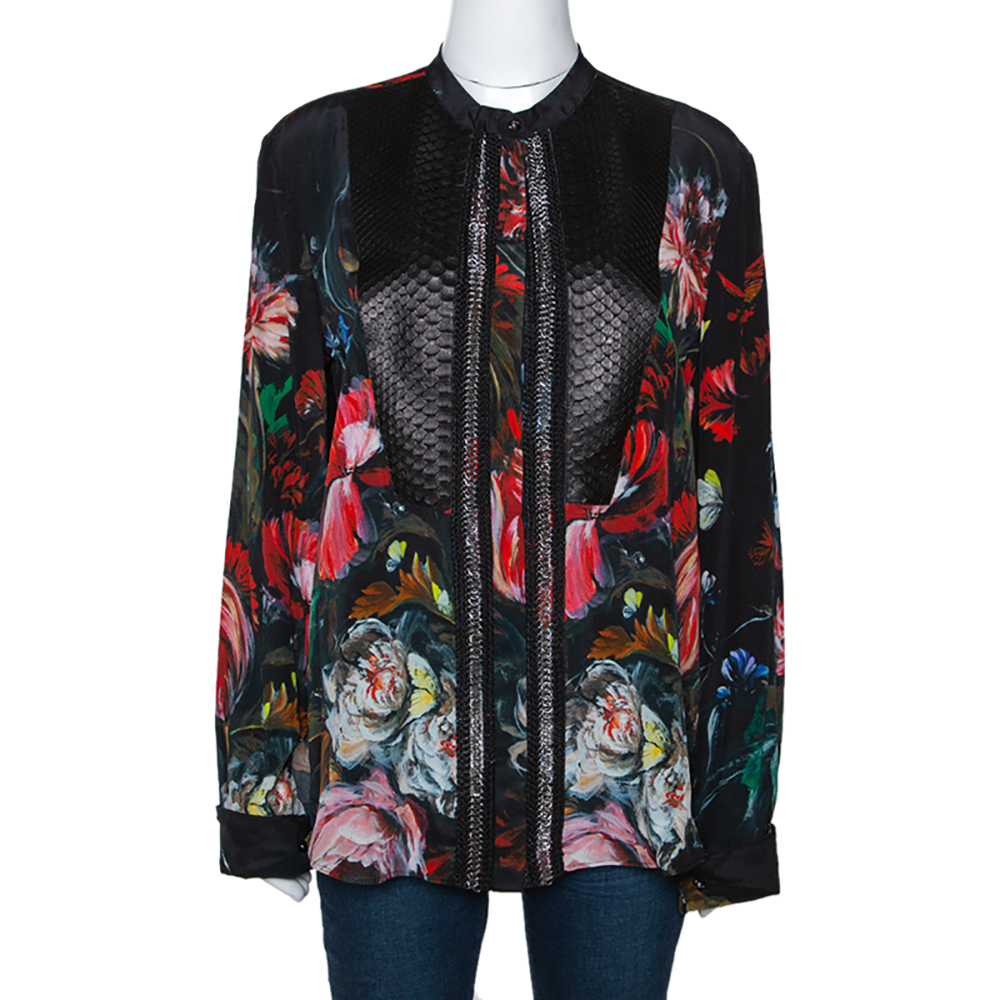 مملوكة مسبقًا Roberto Cavalli Black Floral Print Silk Python Skin Trim Blouse L