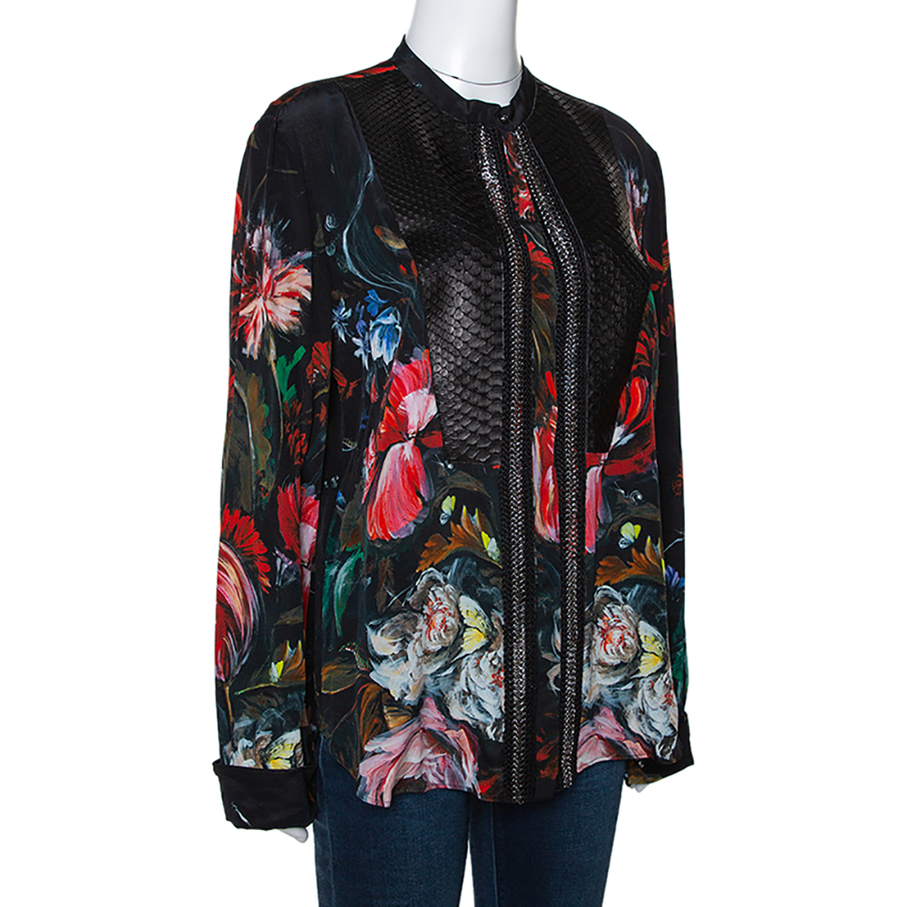 

Roberto Cavalli Black Floral Print Silk Python Skin Trim Blouse
