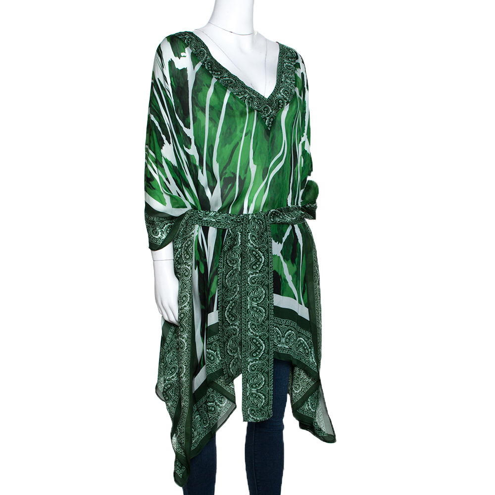 

Roberto Cavalli Green Paisley Print Silk Belted Kaftan Top