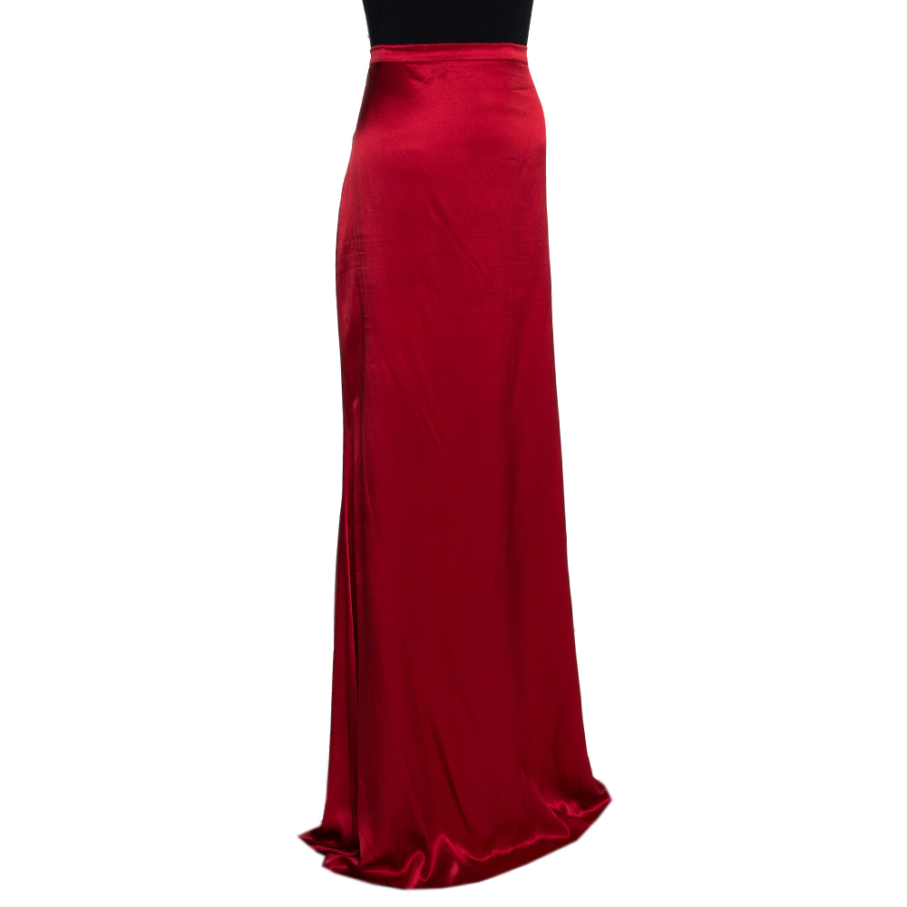 

Roberto Cavalli Red Silk Satin Flared Maxi Skirt
