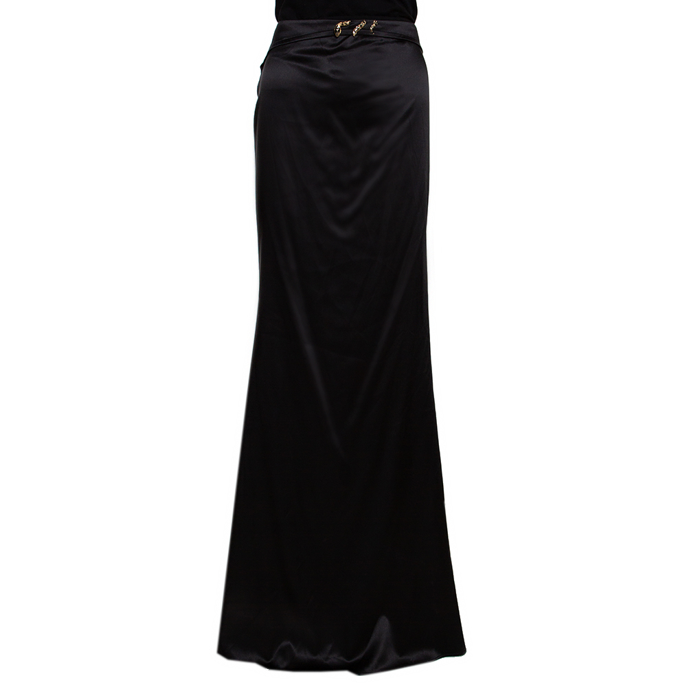 Pre Owned Roberto Cavalli Black Stretch Silk Serpent Detail Maxi Skirt L