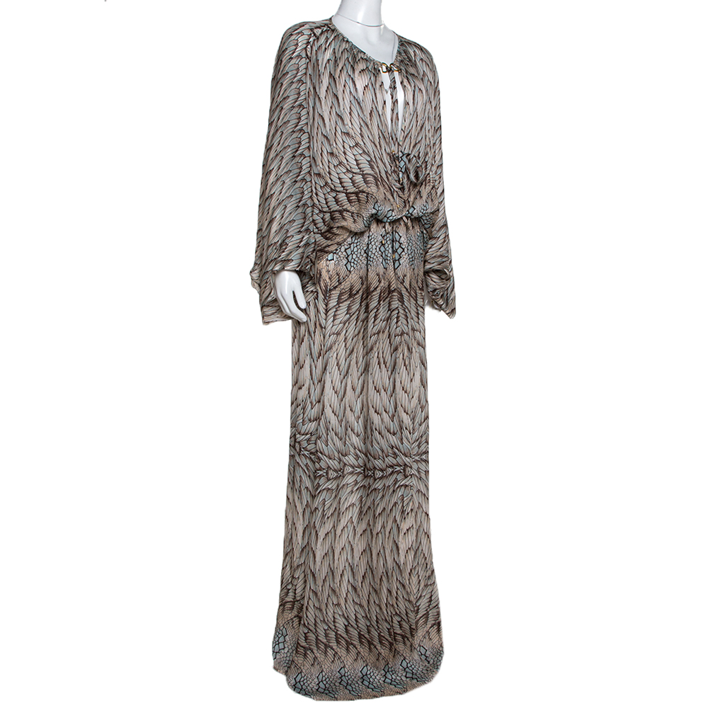 

Roberto Cavalli Beige Wings Texture Print Silk Front Slit Detail Kaftan