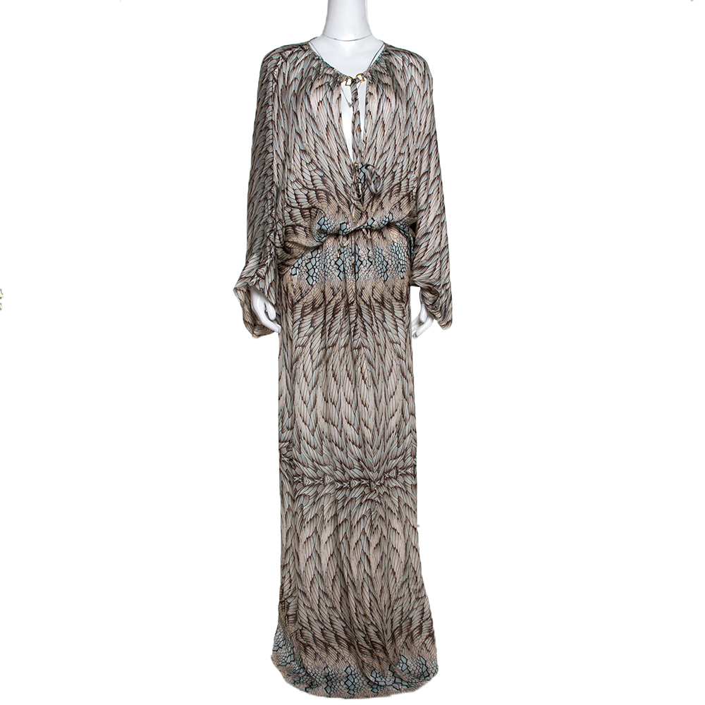 Pre Owned Roberto Cavalli Beige Wings Texture Print Silk Front Slit Detail Kaftan M