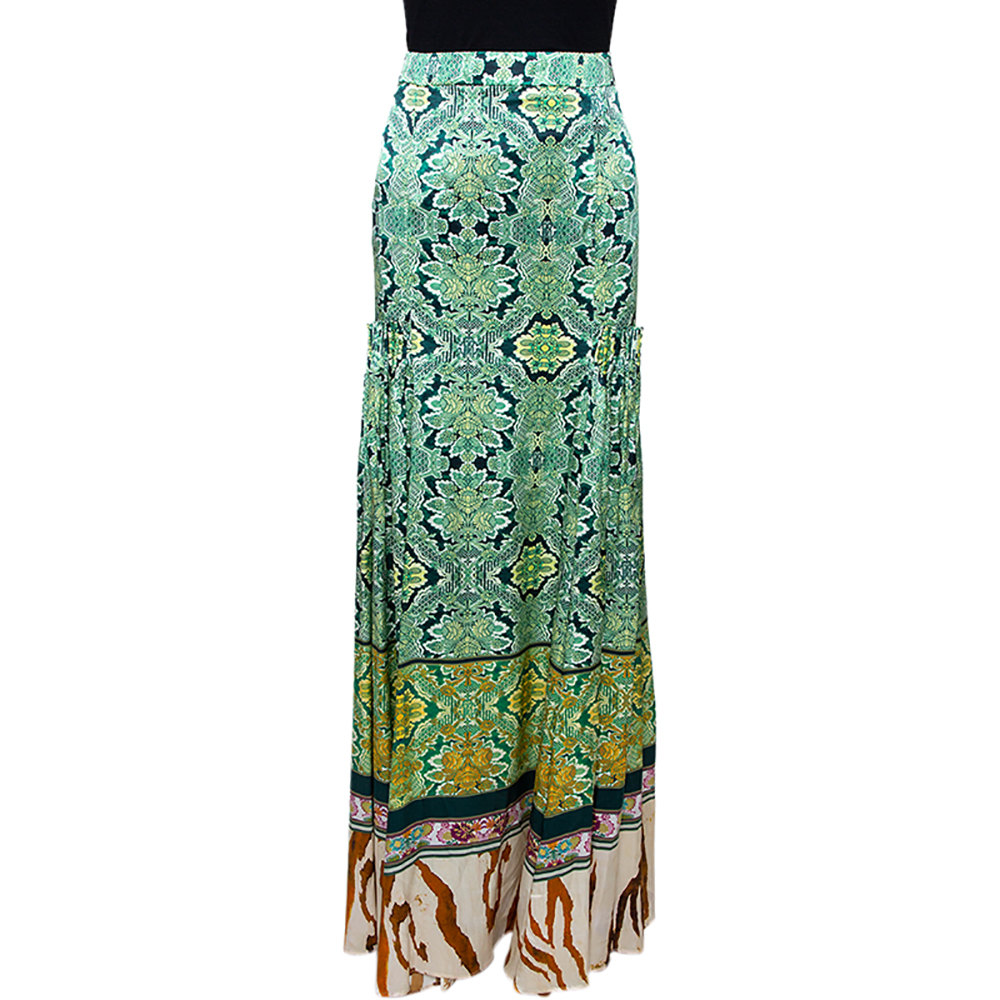 Roberto Cavalli Green Floral Print Silk Satin Gathered Maxi Skirt L ...