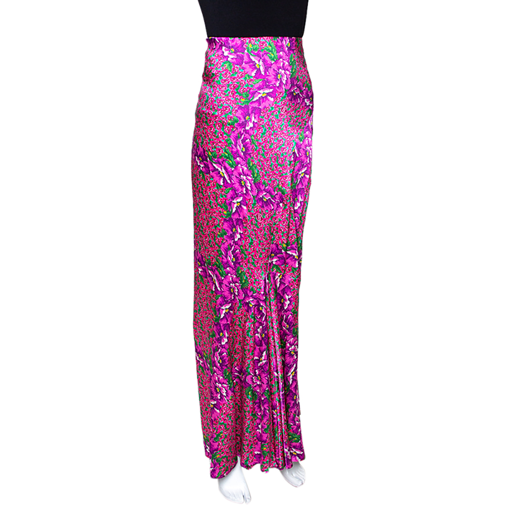 

Roberto Cavalli Pink Floral Print Silk Satin Flared Maxi Skirt