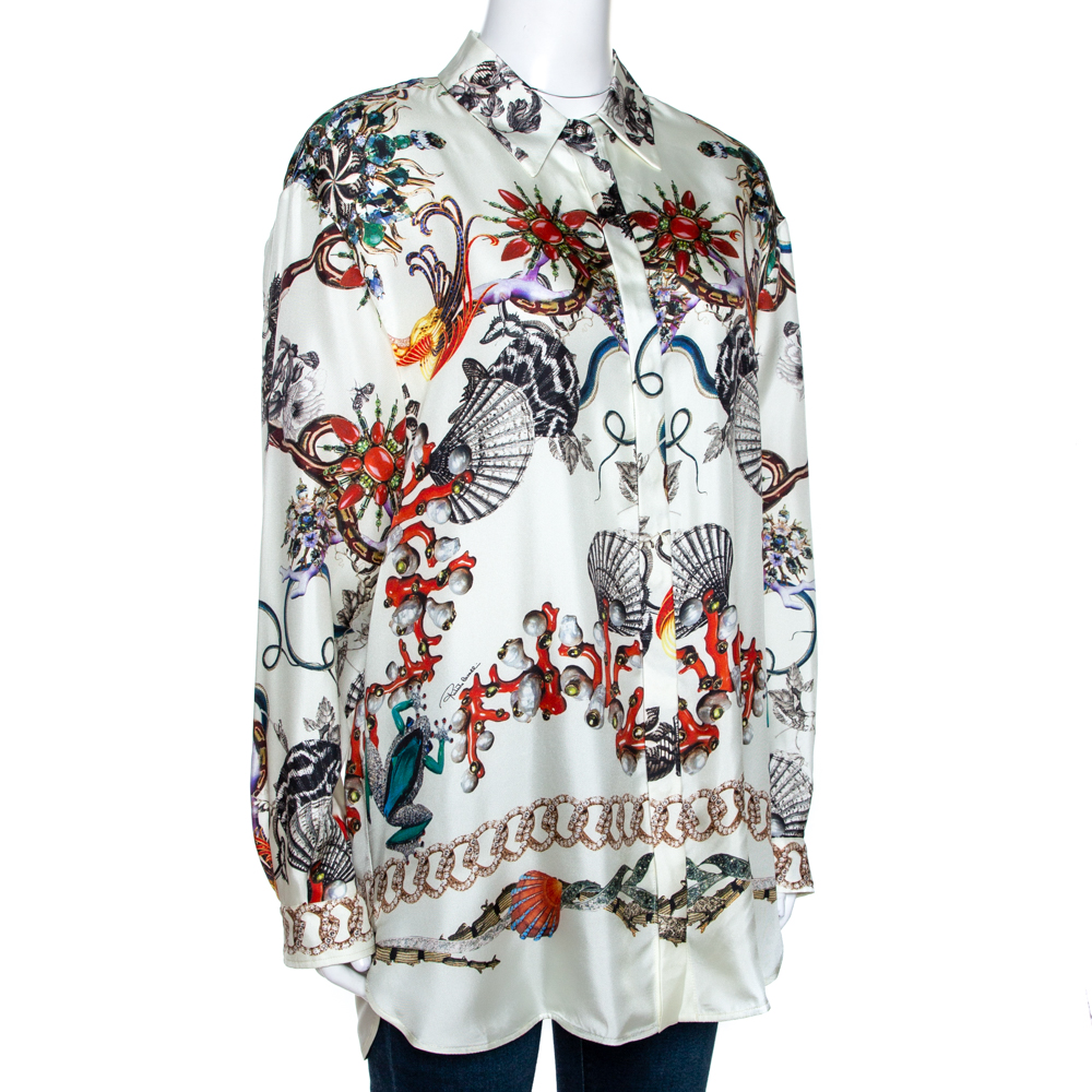 

Roberto Cavalli Cream Bejeweled Print Silk Twill Button Front Shirt