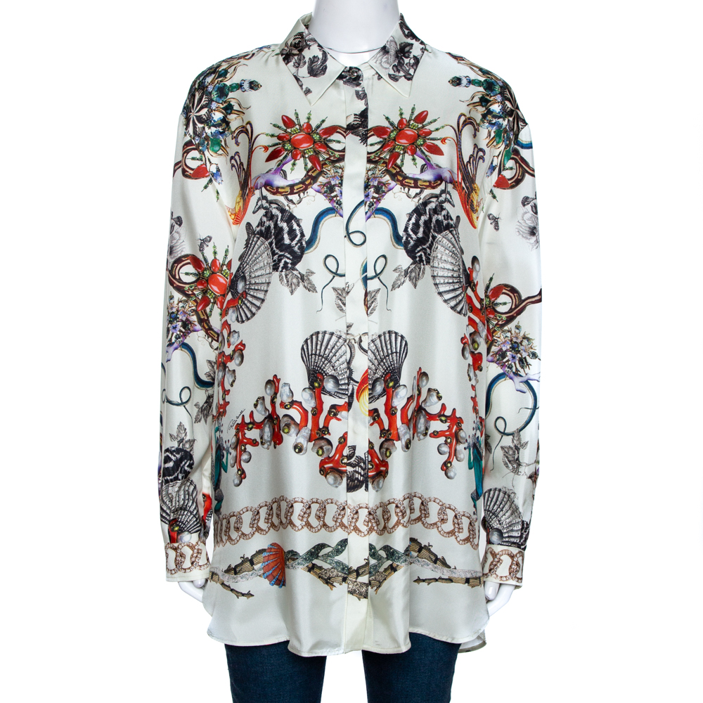 Pre Owned Roberto Cavalli Cream Bejeweled Print Silk Button Front Shirt M