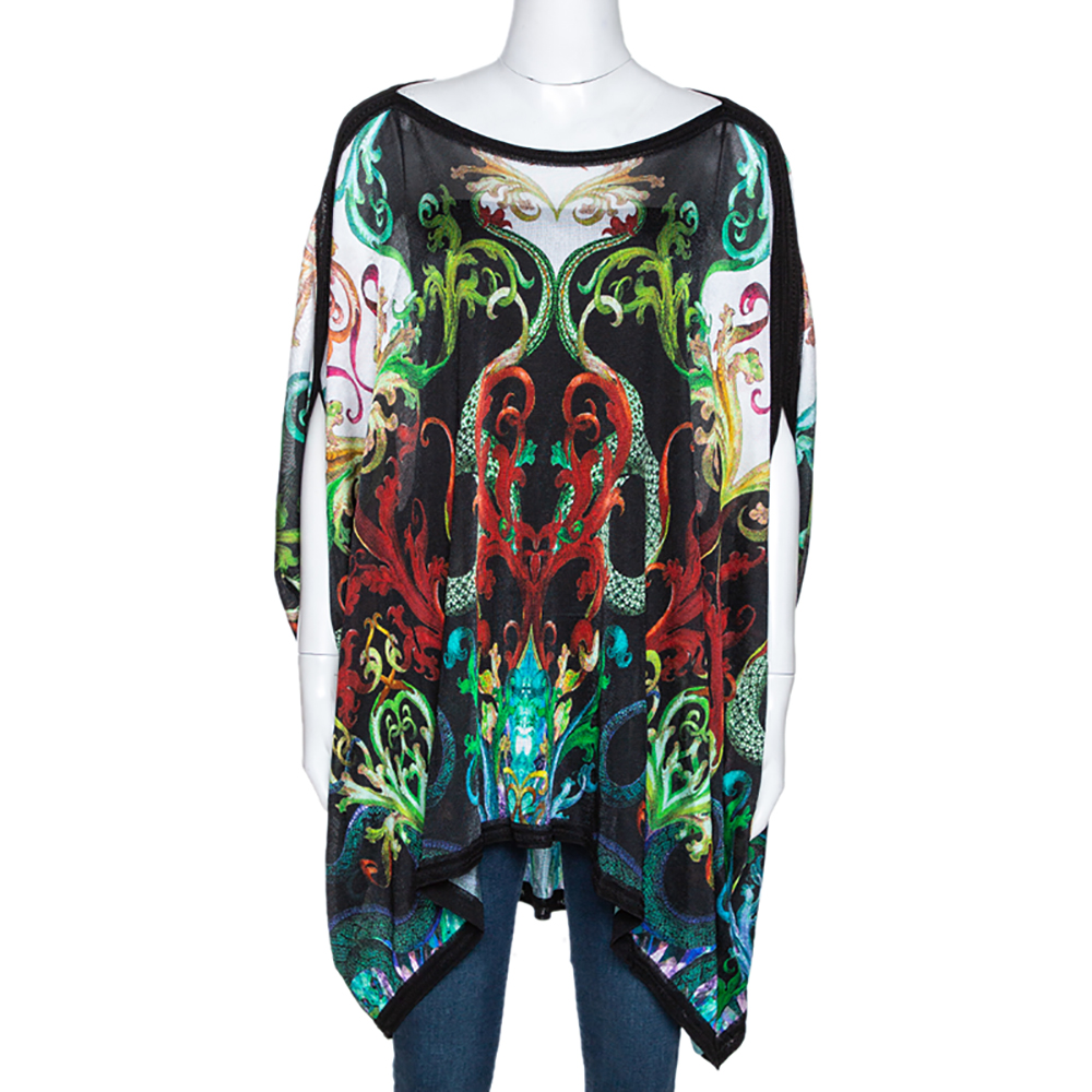 Pre Owned Roberto Cavalli Black Baroque Print Rib Knit Kaftan Top M