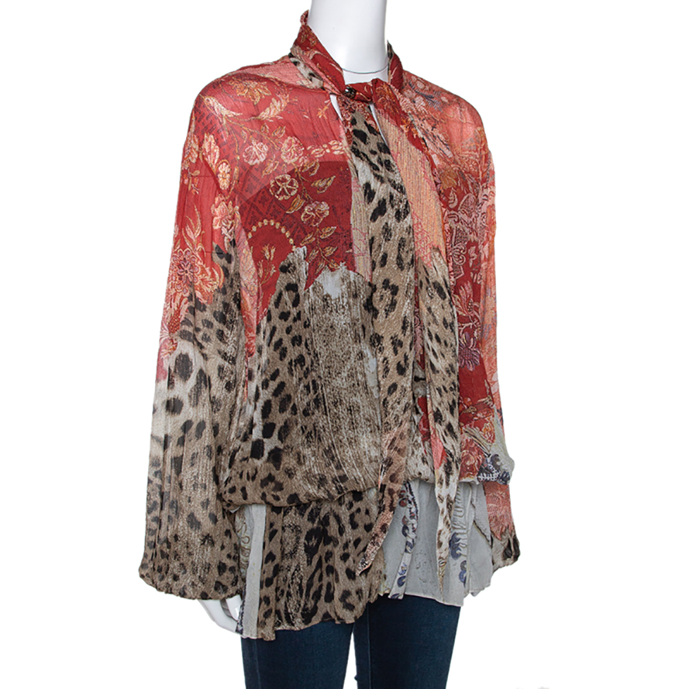 

Roberto Cavalli Multicolor Floral & Animal Print Silk Neck Tie Detail Blouse