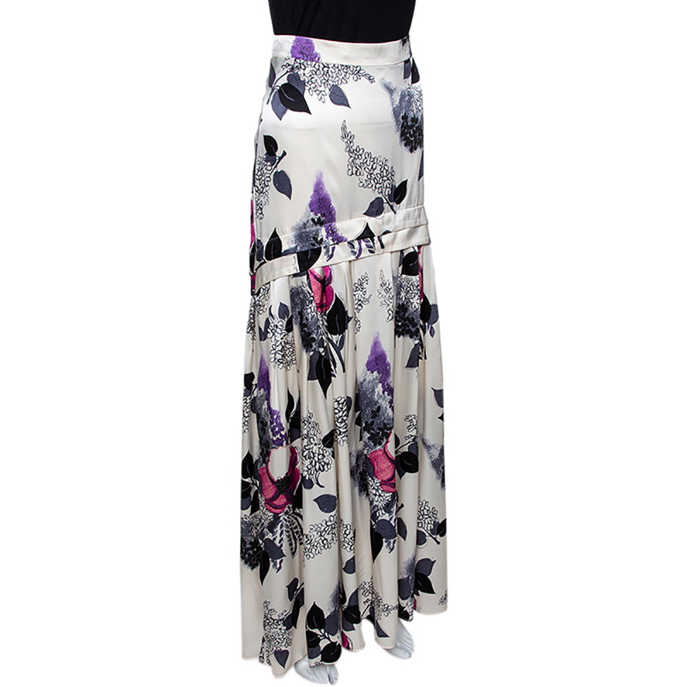 

Roberto Cavalli Cream Floral Print Silk Pleated Maxi Skirt