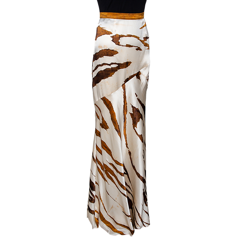 

Roberto Cavalli Cream & Brown Animal Striped Silk Flared Maxi Skirt