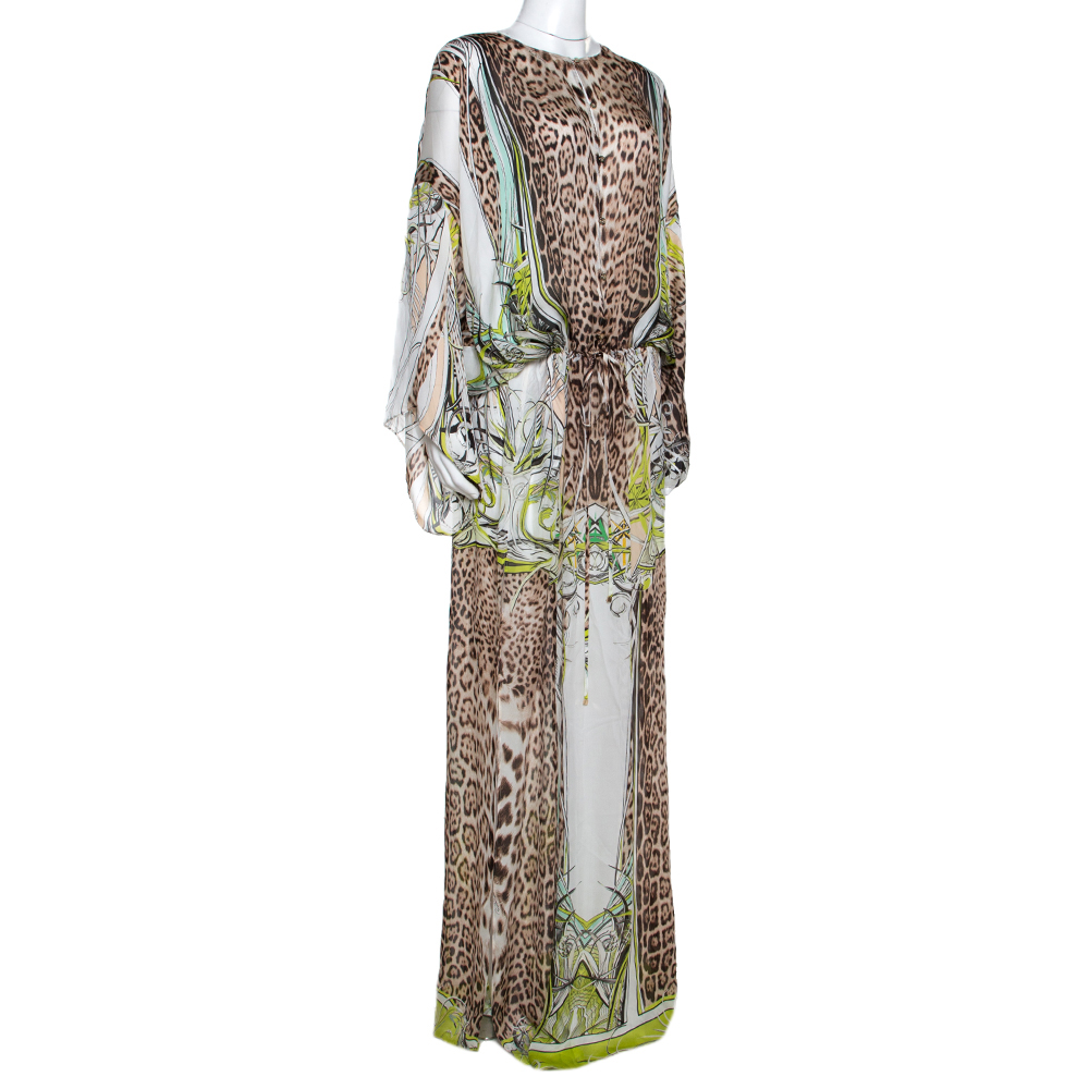 

Roberto Cavalli Green & Brown Animal Print Silk Maxi Dress