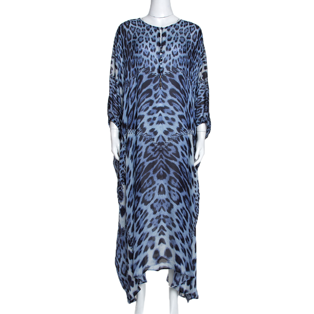 Pre Owned Roberto Cavalli Blue Animal Print Silk Kaftan Dress M