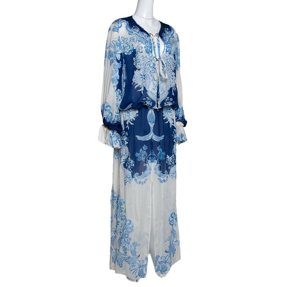 

Roberto Cavalli Blue & White Floral Print Silk Maxi Dress
