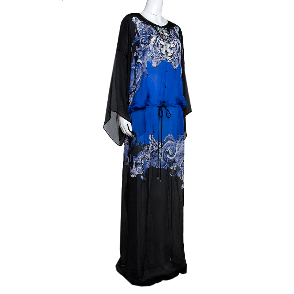 

Roberto Cavalli Blue & Black Abstract Print Silk Maxi Dress
