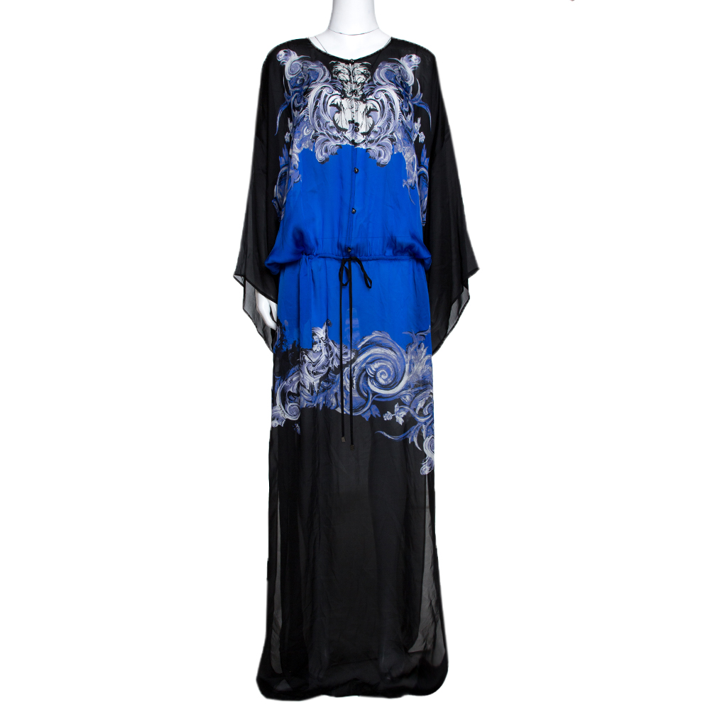 مملوكة مسبقًا Roberto Cavalli Blue & Black Abstract Print Silk Maxi Dress L
