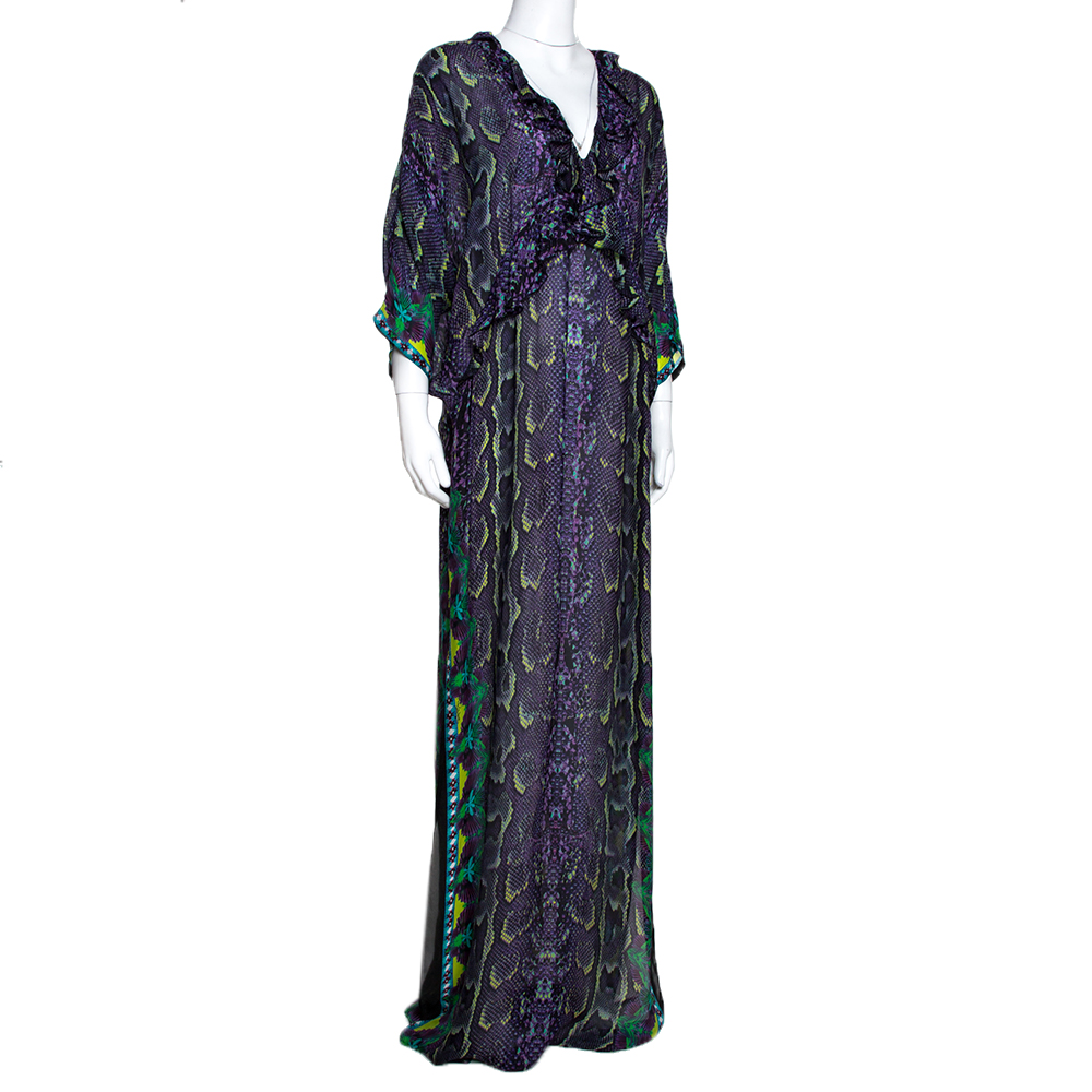 

Roberto Cavalli Purple Snakeskin Print Silk Ruffles Maxi Dress