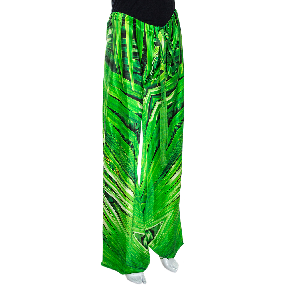 

Roberto Cavalli Green Printed Silk Tassel Tie Detail Harem Pants