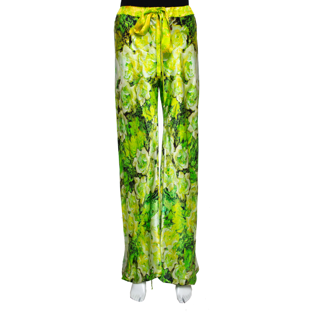 Pre Owned Roberto Cavalli Green Floral Printed Silk Pants L