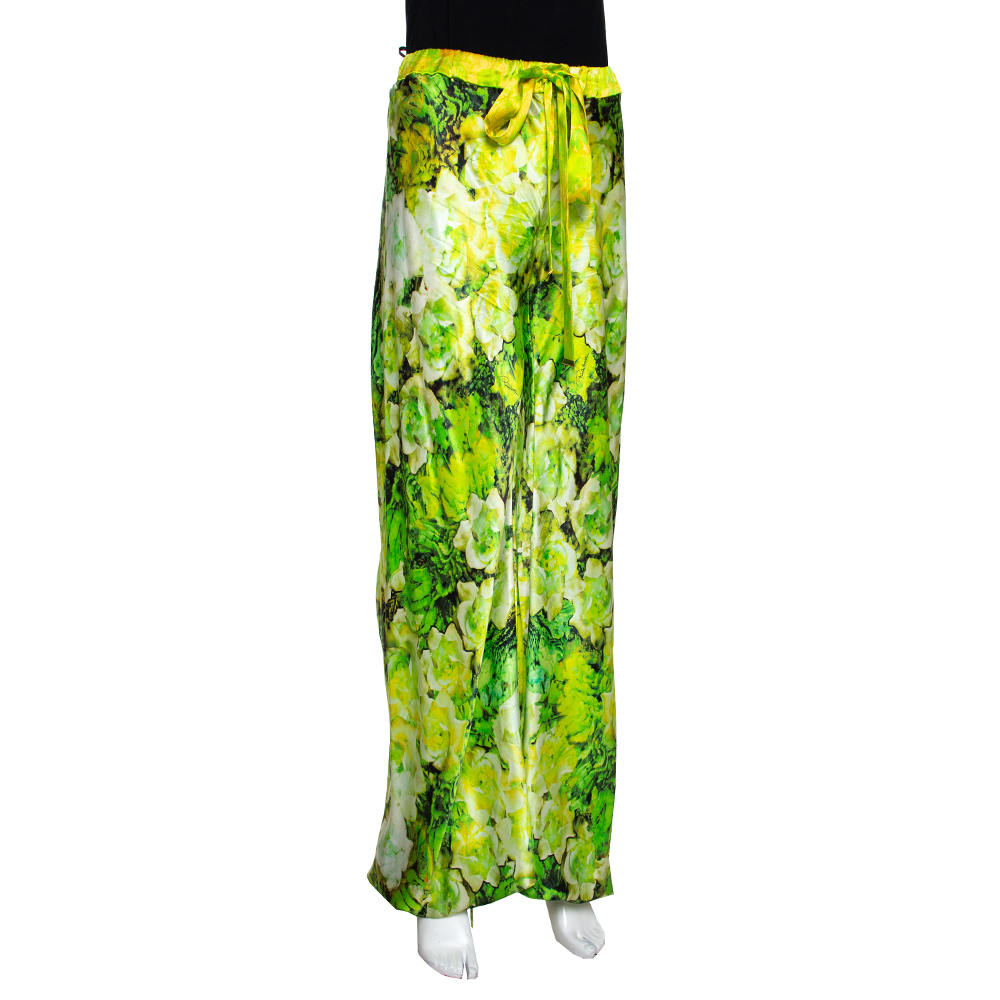 

Roberto Cavalli Green Floral Printed Silk Pants