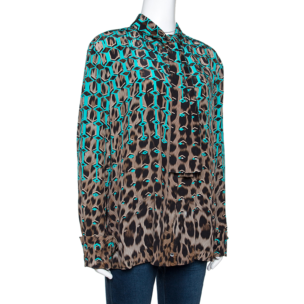 

Roberto Cavalli Teal & Brown Honeycomb Animal Printed Silk Shirt