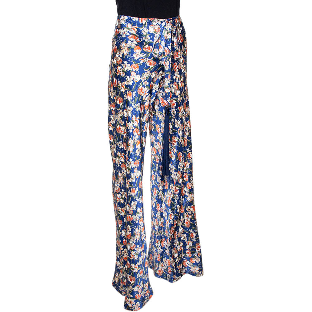 

Roberto Cavalli Navy Blue Floral Printed Silk Pants