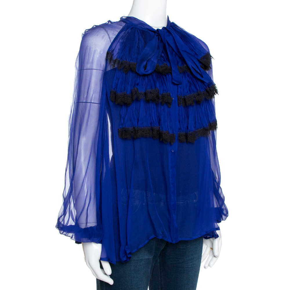 

Roberto Cavalli Royal Blue Silk Chiffon Sheer Ruffled Top