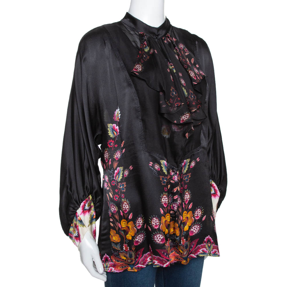 

Roberto Cavalli Black Oriental Garden Printed Silk Ruffled Blouse