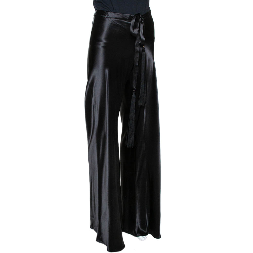 

Roberto Cavalli Black Satin Front Tassel Tie Detail Pants