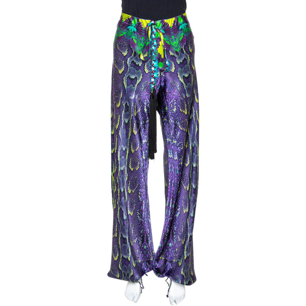 Pre Owned Roberto Cavalli Purple Tropical Snake Printed Silk Pants L 