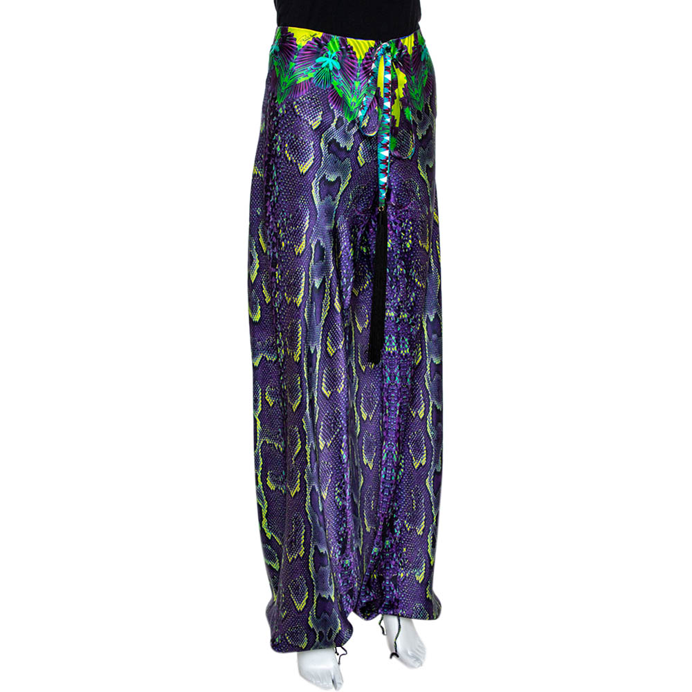 

Roberto Cavalli Purple Tropical Snake Printed Silk Pants