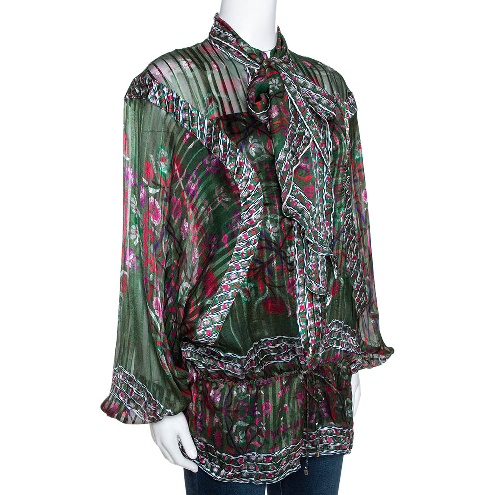 

Roberto Cavalli Green & Fuschia Floral Printed Silk Jacquard Blouse