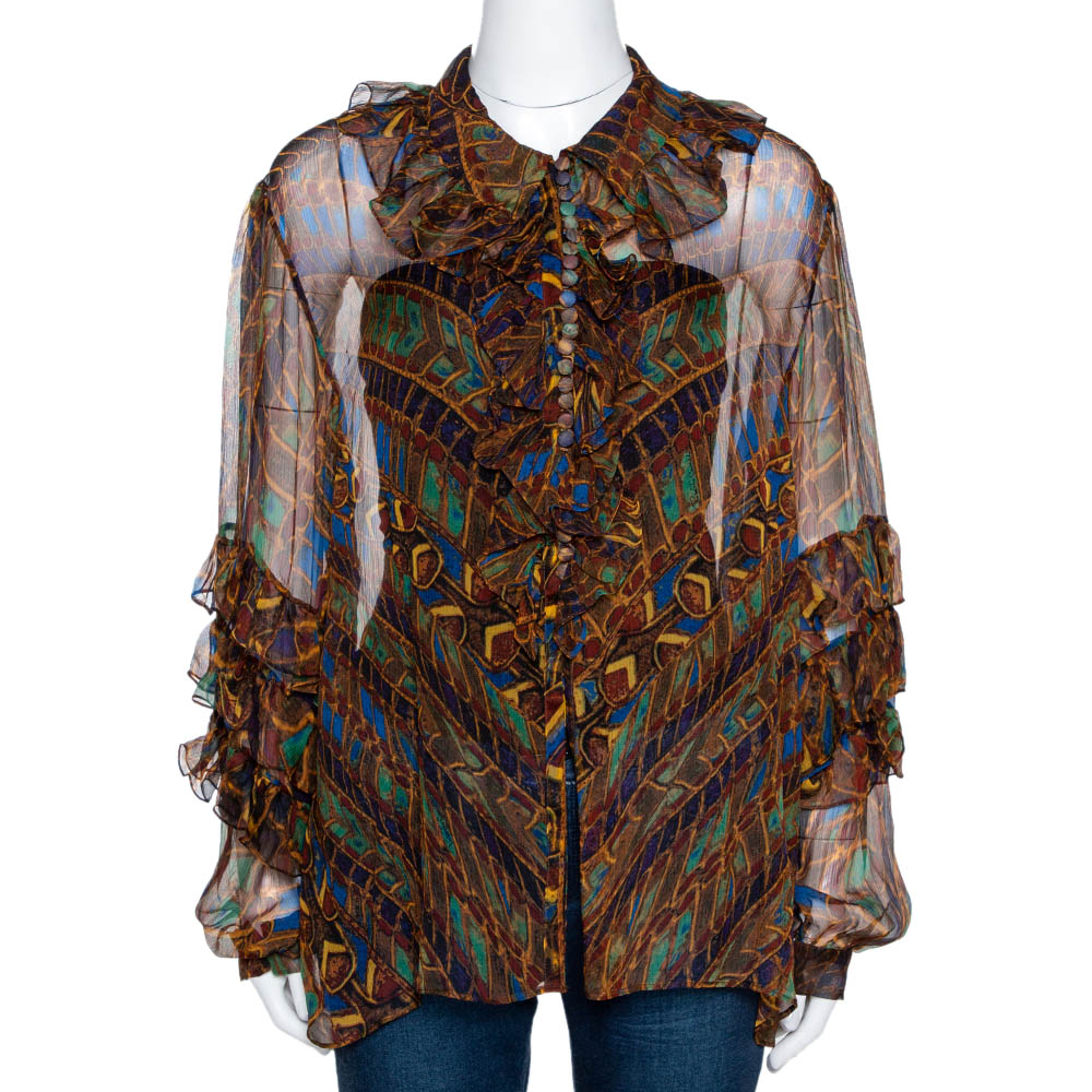 Pre Owned Roberto Cavalli Multicolor Chiffon Jewel Print Ruffled Blouse L