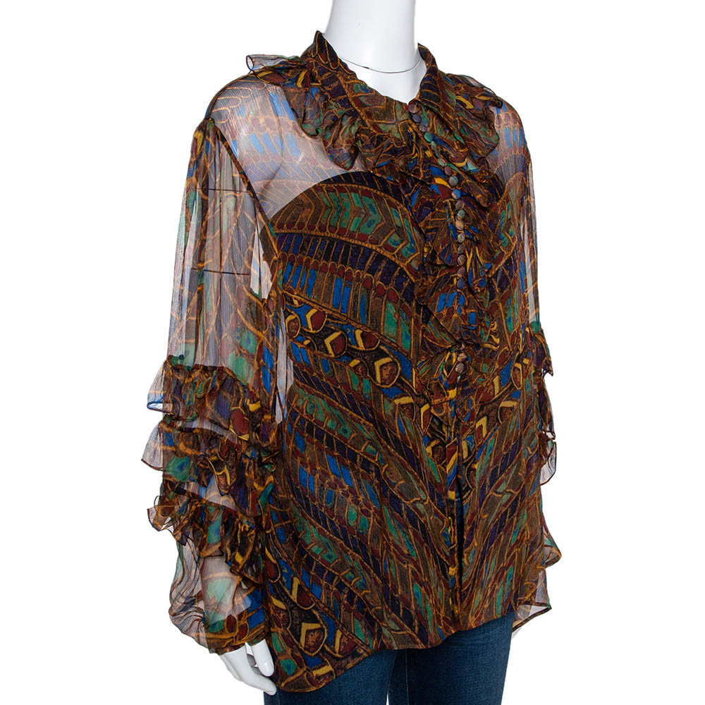 

Roberto Cavalli Multicolor Chiffon Jewel Print Ruffled Blouse